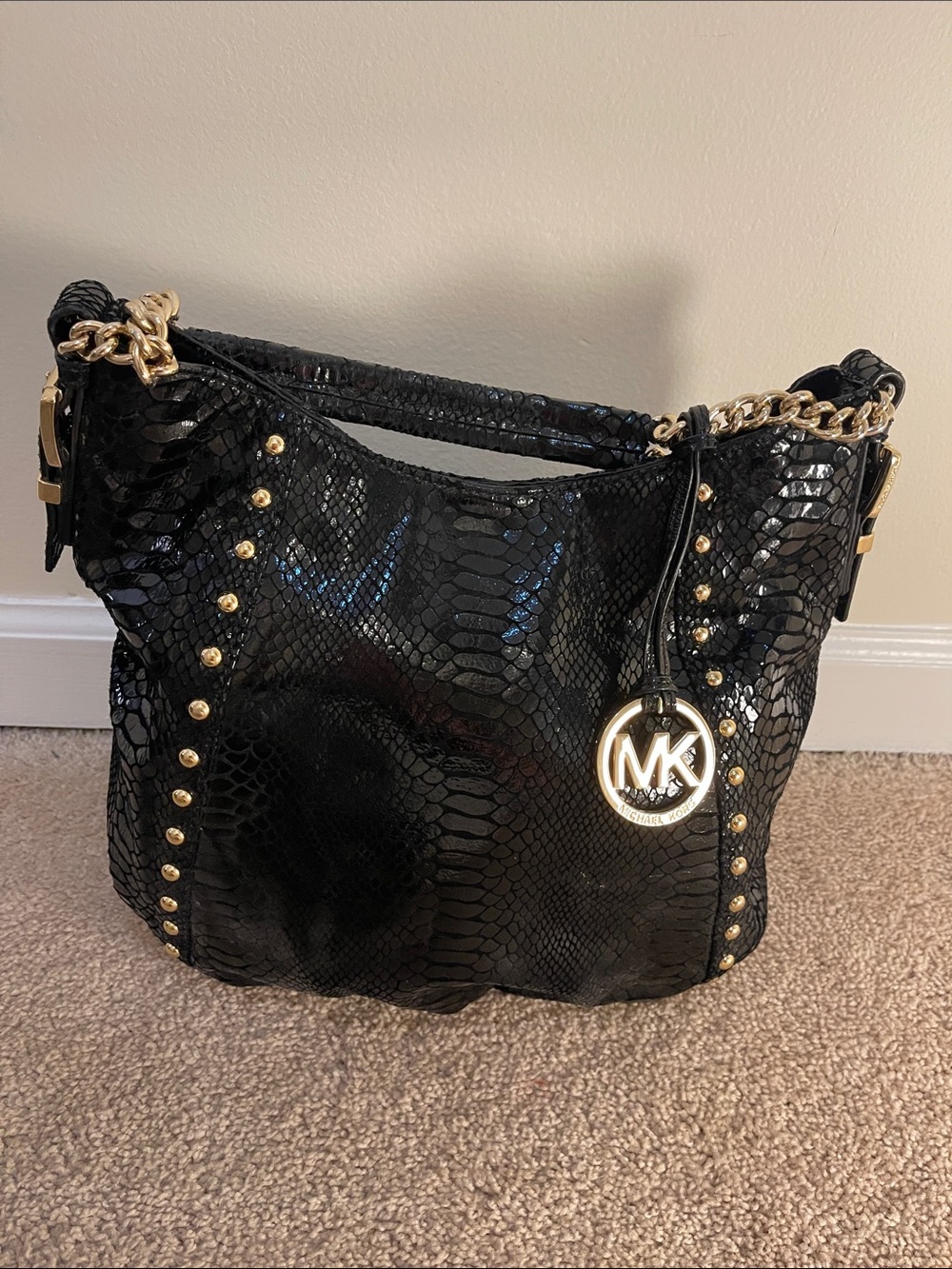 Michael Kors Black Snake-Embossed Shoulder Bag with Gold Hardware